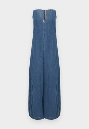 Denimmaterjalist varrukateta kleit sügava V-kaelusega, täispikkuses ja külgedel kogutud. Lõpetatud puhaste äärtega ja keskmise nööbiriviga.