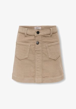 Beige kordnederdel med frontknaplukning, to store forlommer, bæltestropper og et lille mærkeindvendigt i linningen.