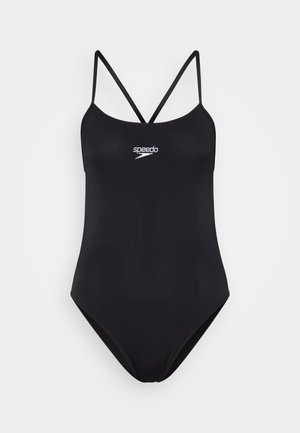 fato de banho preto com um design elegante, apresentando alças finas e ajustáveis e um pequeno logo branco da Speedo no peito. Textura de tecido suave.