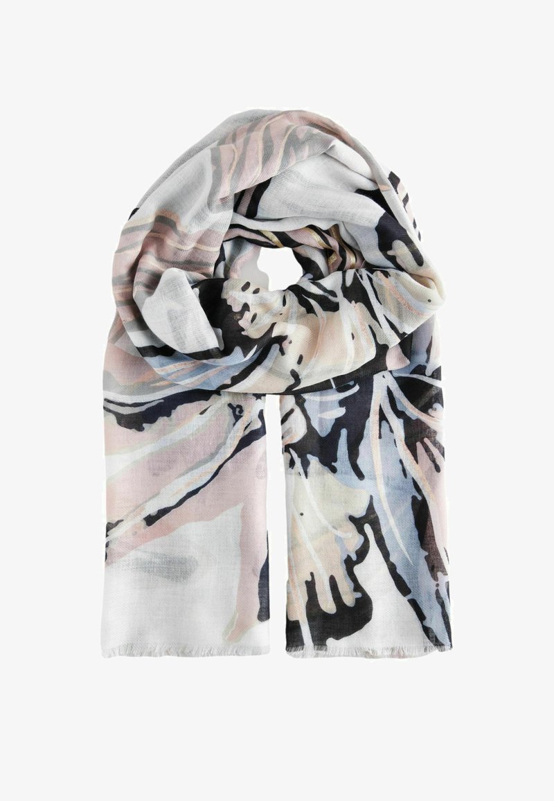 Leichtes, mehrfarbiges Tuch mit einem abstrakten Blumenmuster in Weiß, Schwarz, Pink und Blautönen, mit fransigen Enden.