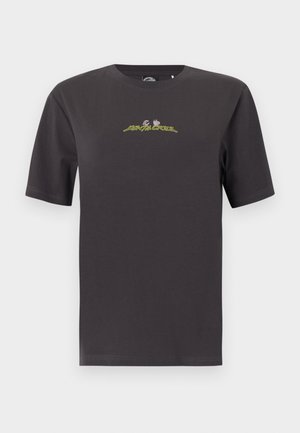 Black short-sleeve crewneck T-shirt with small yellow-green wavy text and two small graphic hands near the chest center.