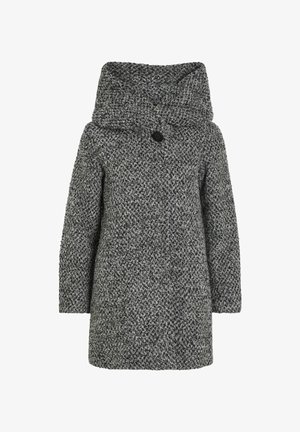 Szary płaszcz w wzory z teksturowanym wykończeniem, z dużym kapturem i pojedynczym zapięciem na guzik przy szyi. Długie rękawy i długość do kolan.