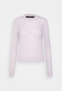 Pull en maille violet clair avec manches longues, encolure ronde, et poignets et ourlet côtelés. Tissu texturé avec une finition douce.