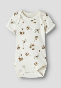 Kortermet babybody i kremfarget stoff med brune dyreprint, inkludert løver og elefanter, med trykknapper nederst.