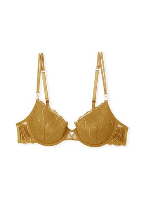 Sujetador amarillo mostaza con bordado floral, material de malla, aros, tirantes ajustables y bordes ondulados. Cuenta con cierre de gancho y ojo.