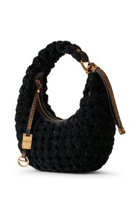 Black, woven fabric handbag with a curved shape, featuring a gold zipper and hardware accents. Textured surface with a soft finish.