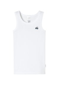 White tank top made from organic cotton, featuring a small, colorful embroidered design of a character in a car on the chest.