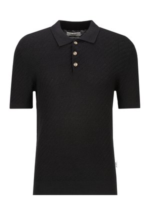 Schwarzes kurzärmliges Poloshirt aus strukturiertem Stoff, mit drei beigen Knöpfen und einem kleinen seitlichen Logoschild am linken Saum.