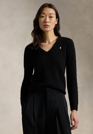 Polo Ralph Lauren CABLE-KNIT WOOL-CASHMERE V-NECK SWEATER - Striktrøje - black