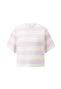 Krátký rukáv, volný crop top z měkké bavlny, s alternujícími levandulovými a bílými horizontálními pruhy a kulatým výstřihem.