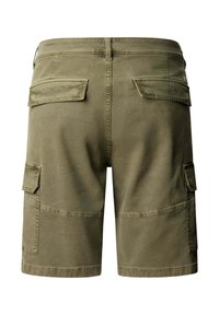 Olive green cargo shorts with back and side flap pockets, belt loops, and visible stitching on a white background.