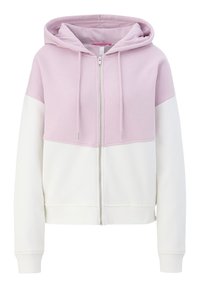 Felpa con cappuccio e zip, caratterizzata da una parte superiore di un leggero viola e una sezione inferiore bianca, realizzata in una miscela di cotone con una texture liscia e polsini a costine.