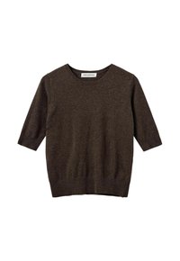 Brown short-sleeve sweater with a round neckline, featuring a soft texture and a ribbed hem. Simple design with no additional patterns.