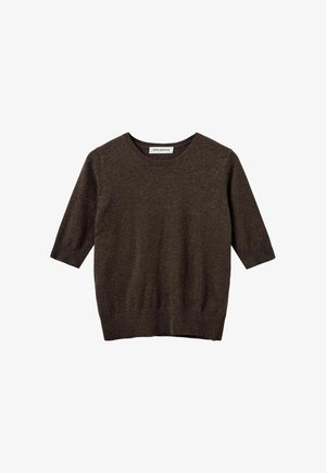 Barna rövid ujjú pulóver kerek nyakkivágással, amely puha tapintású és bordázott szegéllyel rendelkezik. Egyszerű dizájn, további minták nélkül.