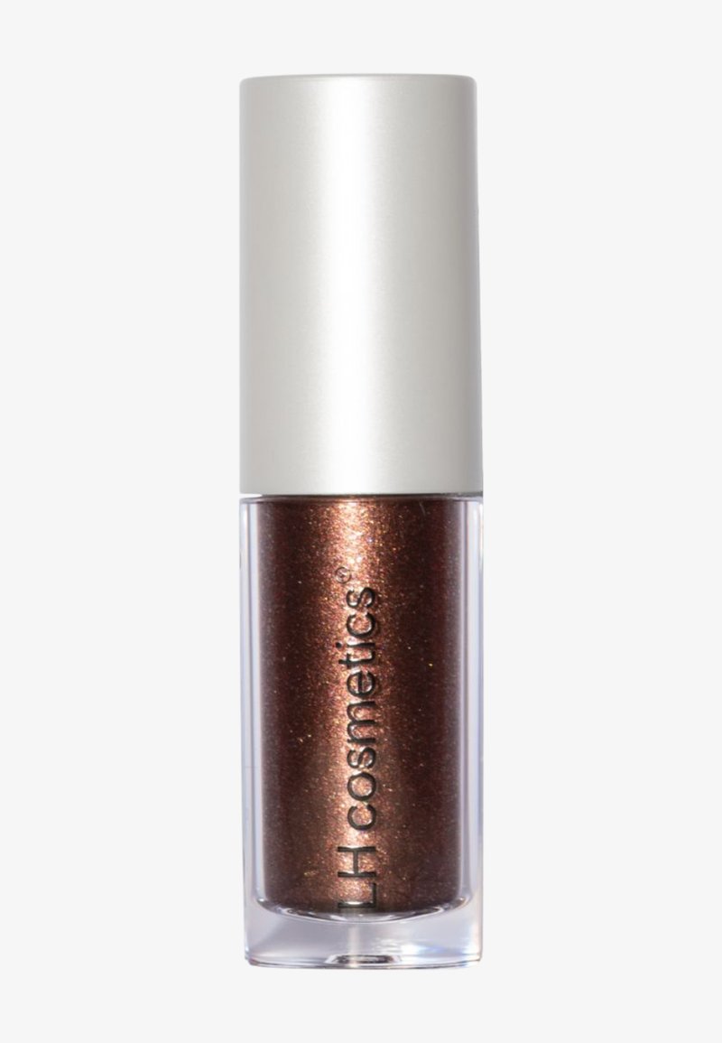 Tubetto di lucidalabbra con tonalità bronzo metallico e tappo bianco, etichettato "LH cosmetics" su contenitore trasparente.