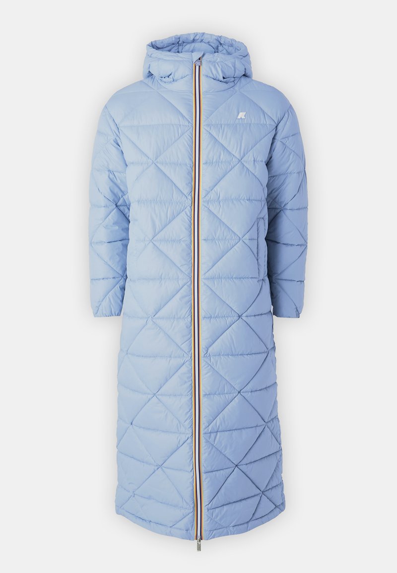 Light blue puffer coat with a diamond quilted pattern, a hood, and a two-tone zipper. Features short sleeves and a knee-length design.