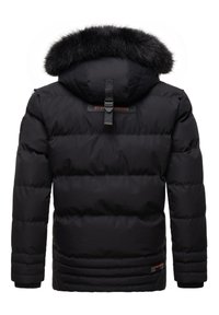 Svart puffjacka med avtagbar huva i fuskpäls, framzipper och elastiska ärmslut. Har logodetalj på baksidan och kviltad design.