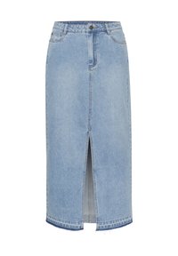 Hellblaue Jeansrock mit einem vorderen Schlitz, hoher Taille und Gürtelschlaufen. Verfügt über klassische Nähte und einen ausgefransten Saum am unteren Ende.
