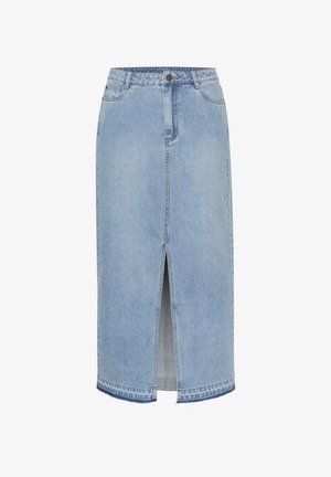 Heledsinine denimsärk, millel on ees lõhedega, kõrge vöökoht ja vööaasad. Omab klassikalist õmblust ja katkist äärt all.