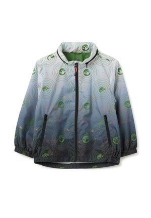 Leichte, mit Reißverschluss ausgestattete Jacke mit einem Farbverlauf von Grau zu Schwarz. Merkmale runder grüner Muster und orangener Akzente. Elastische Bündchen und Saum.