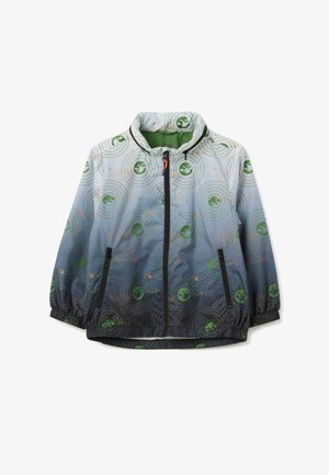 Lightweight, zippered jacket with a gradient from grey to black. Features circular green patterns and orange accents. Elasticized cuffs and hem.