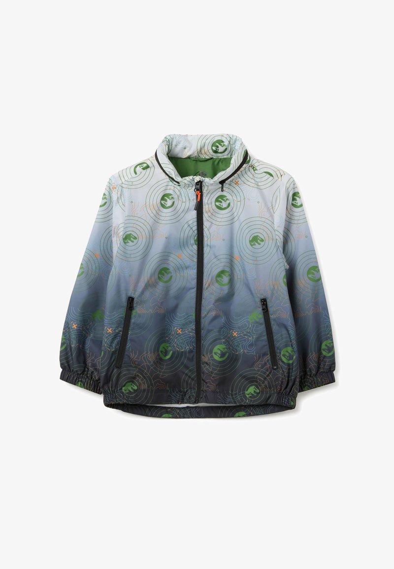 Giacca leggera con zip, che sfuma dal grigio al nero. Presenta motivi circolari verdi e accenti arancioni. Polsini e orlo elasticizzati.