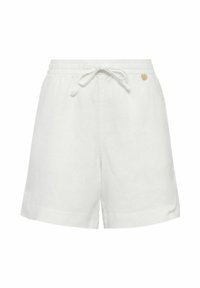 Białe lniane szorty z elastycznym pasem i sznureczkiem. Posiadają subtelny złoty akcent z logo z boku. Klasyczny, luźny krój.