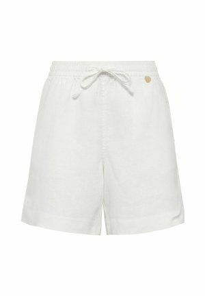 Białe lniane szorty z elastycznym pasem i sznureczkiem. Posiadają subtelny złoty akcent z logo z boku. Klasyczny, luźny krój.