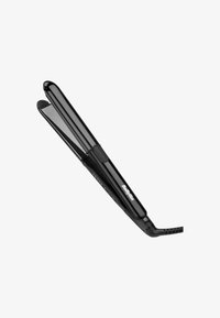 Plancha de pelo negra con un diseño elegante, placas de cerámica, bordes redondeados y un agarre texturizado. El cable de alimentación es flexible para un uso fácil.