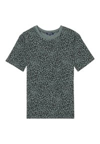 Camiseta de manga corta en verde con un patrón de estampado de leopardo negro. Cuenta con un escote redondo y material de algodón suave.