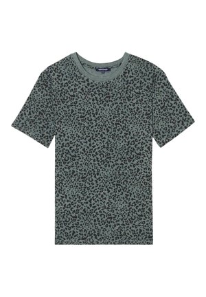 Korte mouwen T-shirt in groen met een zwart luipaardpatroon. Heeft een ronde halslijn en is gemaakt van zacht katoen.