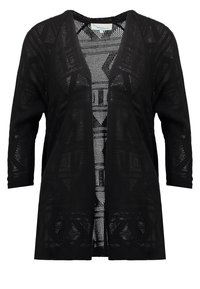 Black open-knit cardigan featuring geometric patterns, three-quarter sleeves, and a lightweight texture with a relaxed fit.