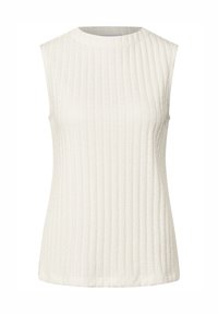 Hvid ærmeløs top med et tekstureret ribbet mønster, rund halsudskæring og lige kant. Letvægtigt stof.