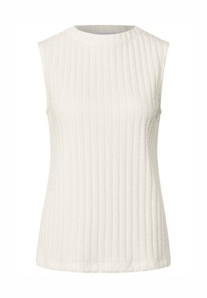 Hvid ærmeløs top med et tekstureret ribbet mønster, rund halsudskæring og lige kant. Letvægtigt stof.