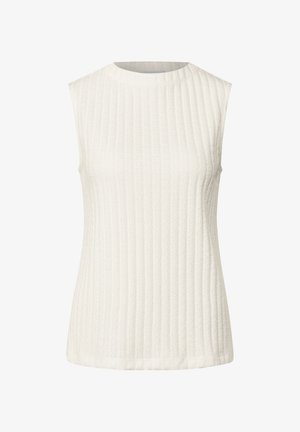 Hvid ærmeløs top med et tekstureret ribbet mønster, rund halsudskæring og lige kant. Letvægtigt stof.