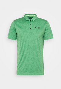 Polo vert présentant un motif texturé avec divers graphiques sur le thème de l'été, trois boutons et un panneau de col contrastant.
