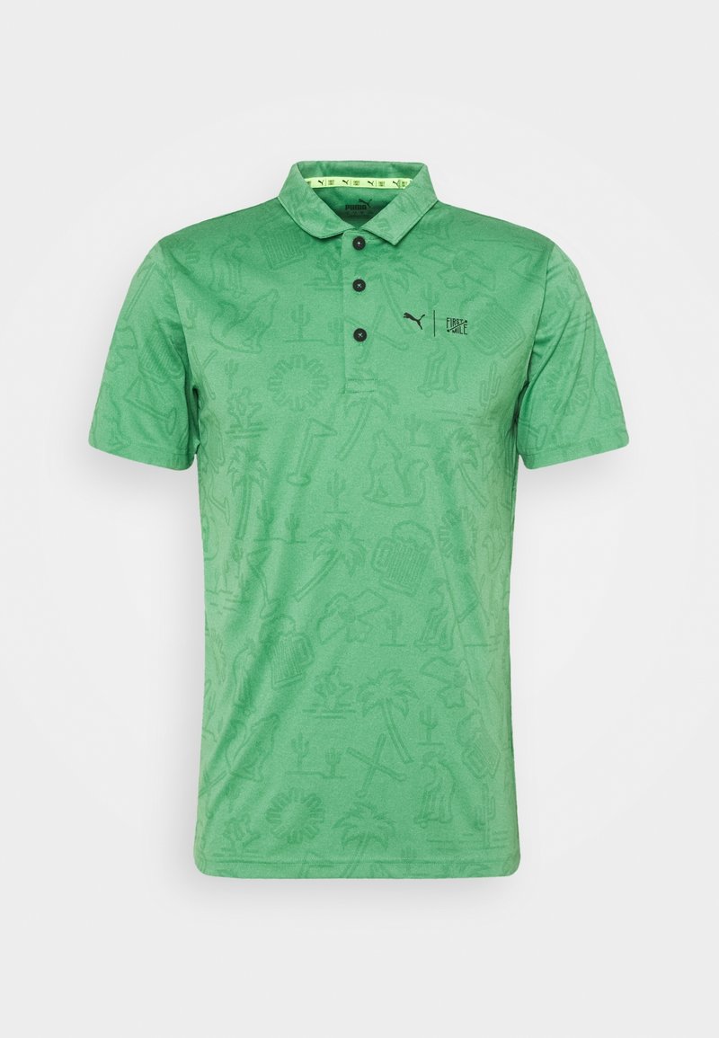 Polo vert présentant un motif texturé avec divers graphiques sur le thème de l'été, trois boutons et un panneau de col contrastant.