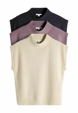 Trei pulovere tricotate fără mâneci, în culorile bej, mauve și negru, așezate una peste alta, cu guler rotund înalt și margini striate.