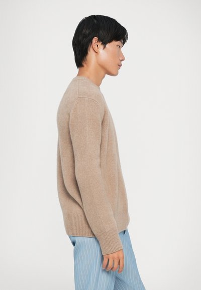 Pull en maille beige �à manches longues, avec des poignets et un ourlet côtelés, arborant un col rond classique et une texture douce, porté sur un pantalon bleu à motifs.