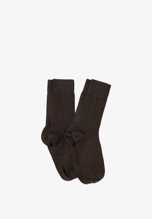 Deux paires de chaussettes unies marron foncé, longueur mi-mollet, posées à plat, avec des bordures côtelées en haut.