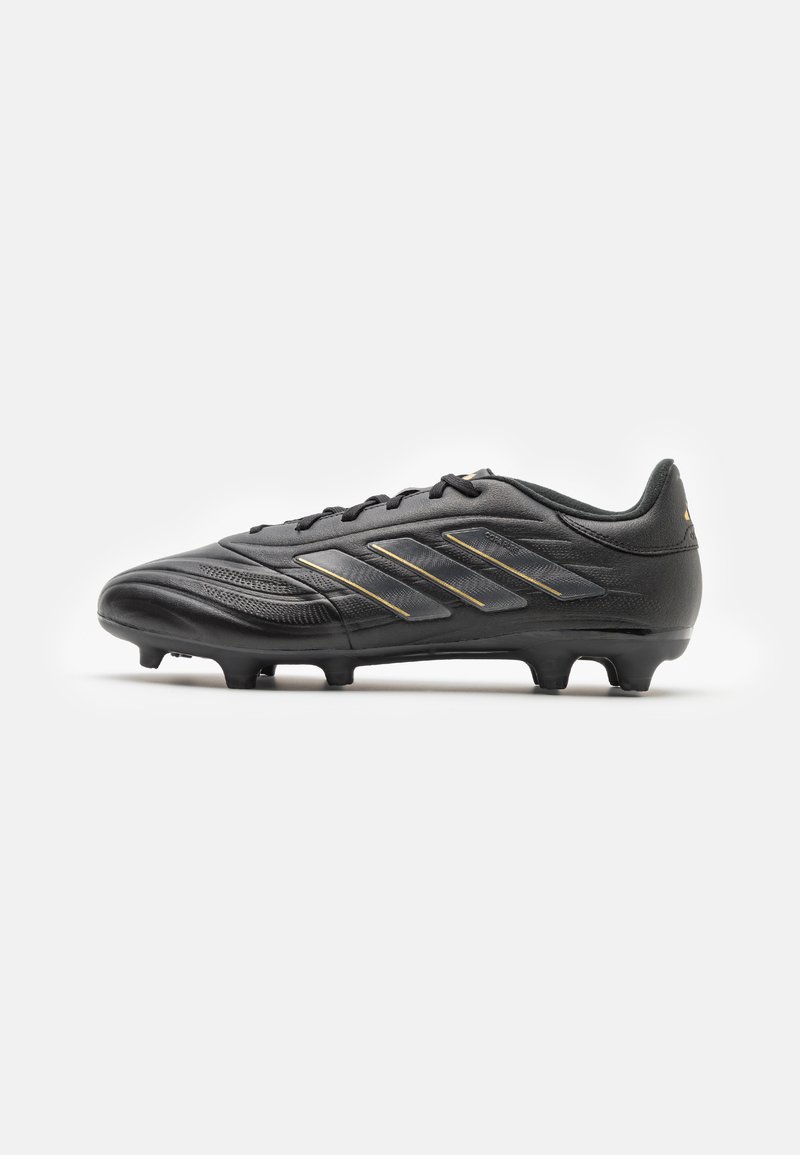 Black soccer cleat with textured leather upper, three metallic gold stripes, lace-up front, and multi-stud outsole for traction.