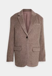 Hnědý vlněný blazer s klopovým límcem, jedním předním tlačítkem, dvěma předními kapsami s klopou a růžovým podšíváním. Neformální a strukturovaný design.