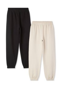 Due pantaloni joggers con vita elastica: uno nero e uno beige. Entrambi presentano polsini a coste e un tessuto morbido e testurizzato.