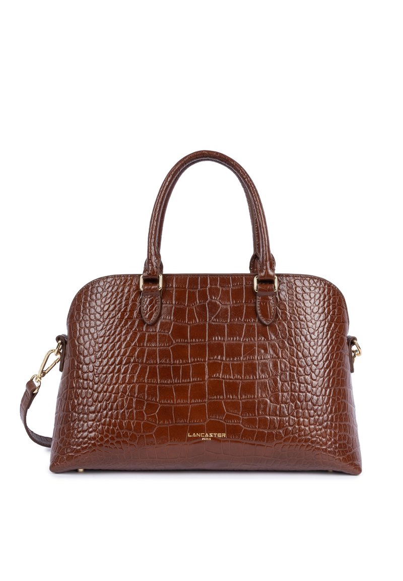 Borsa a mano in pelle marrone con motivo a coccodrillo, dotata di doppio manico superiore e tracolla staccabile, con dettagli in metallo dorato.