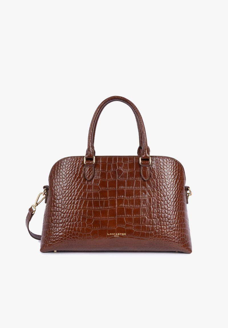 Borsa a mano in pelle marrone con motivo a coccodrillo, dotata di doppio manico superiore e tracolla staccabile, con dettagli in metallo dorato.