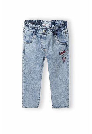 Pantaloni in denim azzurro chiaro con vita elasticizzata, dotati di due tasche frontali e decorati con ricami di labbra e fulmini.
