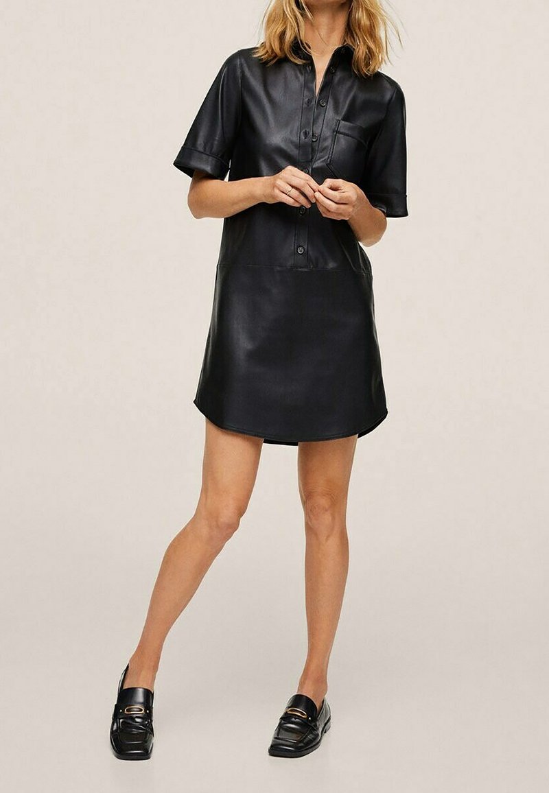 chinese dress ladies Mango faux leather shirt dress in black | Mango faux leather shirt dress in  black main image 0
