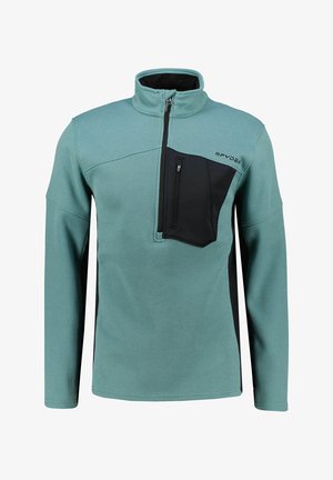 Light teal fleece pullover with a black chest pocket, high collar, and textured fabric. Features long sleeves and a zippered closure.