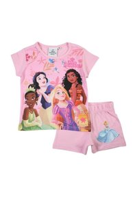 Ensemble pyjama deux pièces rose comprenant un haut à manches courtes avec un motif Disney Princess et un short assorti avec une impression de Cendrillon. Matière en coton.
