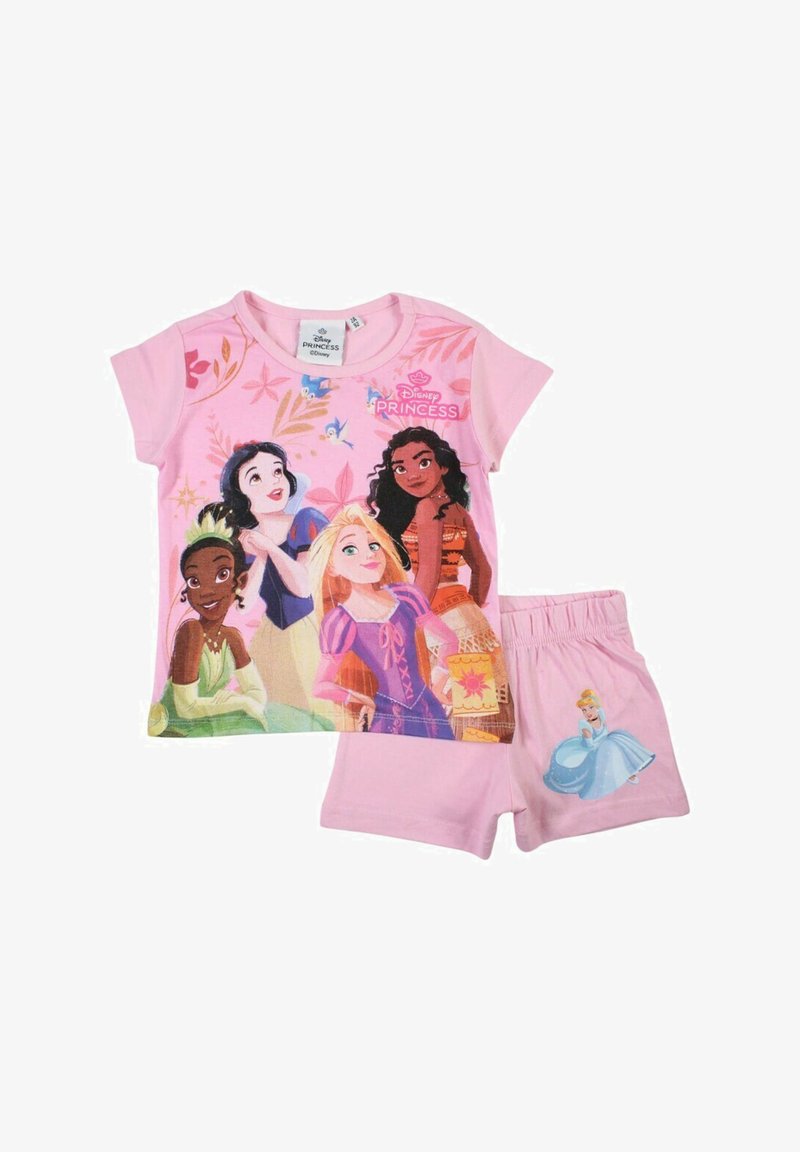Ensemble pyjama deux pièces rose comprenant un haut à manches courtes avec un motif Disney Princess et un short assorti avec une impression de Cendrillon. Matière en coton.